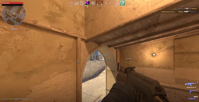 Player ESP labels through a Mirage underpass with the in-game radar visible
